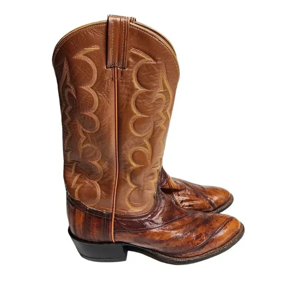 Tony Lama Western Boots Eel Leather Cowboy Brown 8111 Wingtip Size 10 B - Picture 1 of 13
